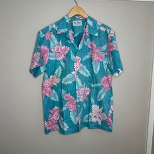 Kai‎ Nani Men's Hawaiian Shirt Blue Pink Floral Print Button Up Made in Hawaii